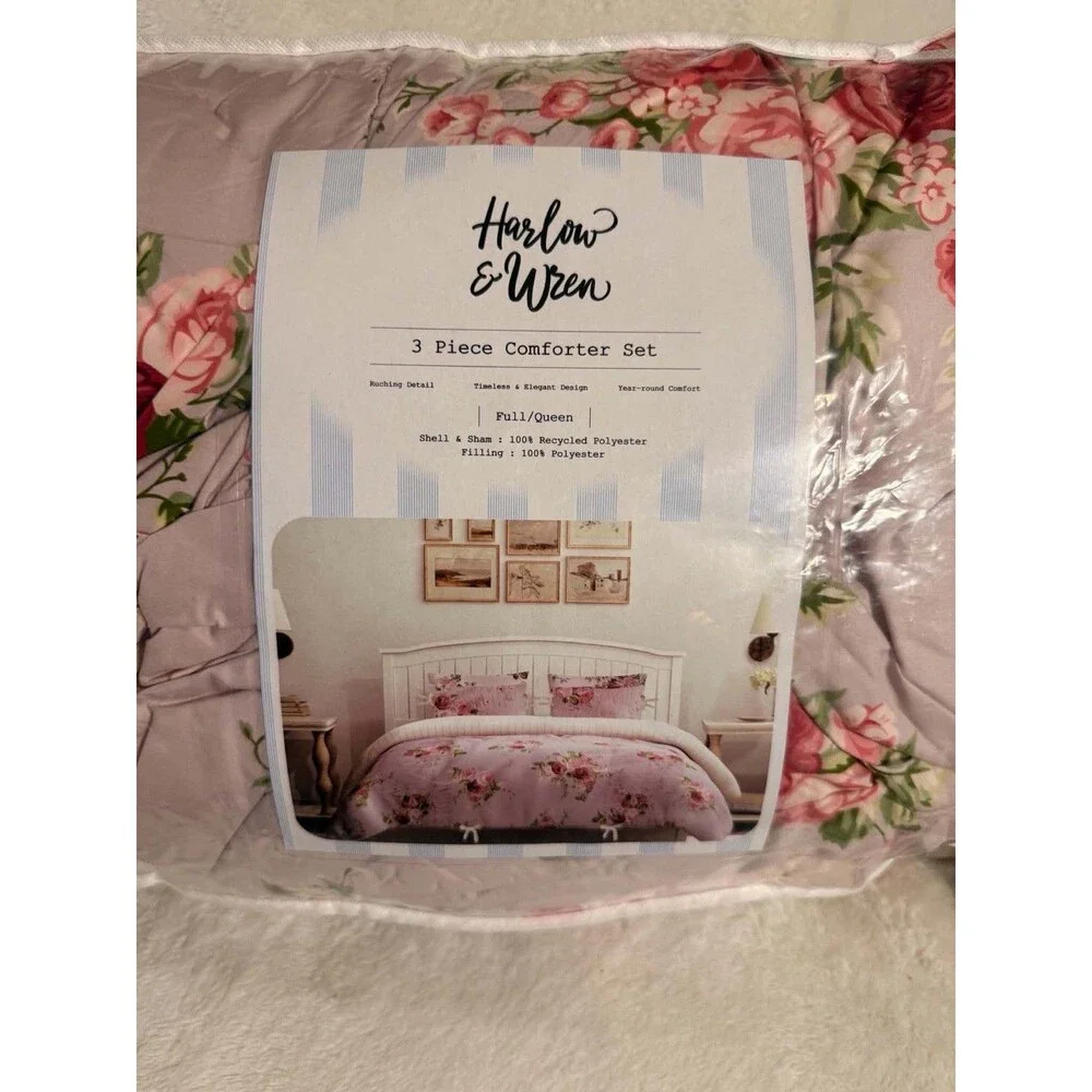 Full Queen Ruched Comforter Set Pink Floral Bedding Bedroom Decor New